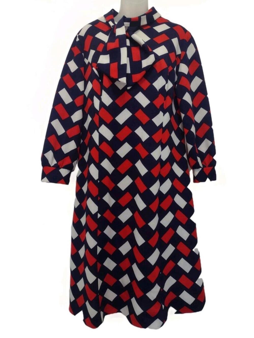 VTG 70s Gracie Square Geo Print Polyester Dress XL Tie Neck